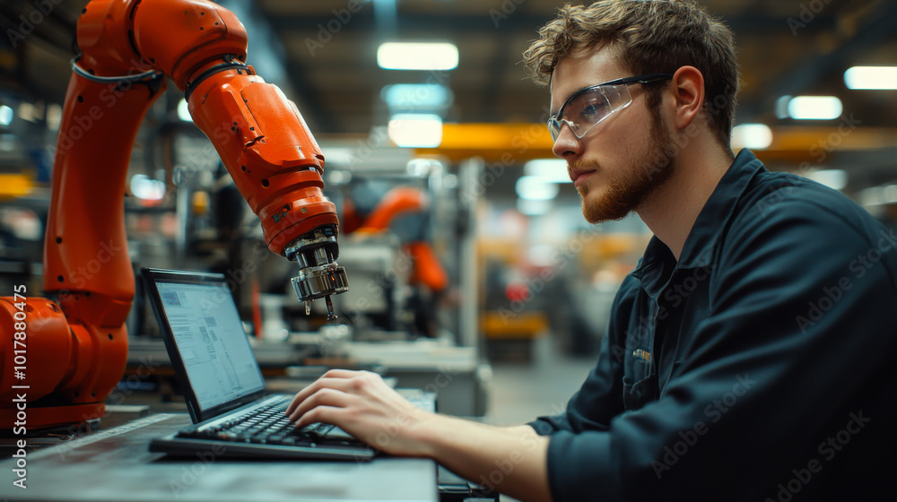 Aufkleber a technician using a computer to monitor robotic systems in a modern manufacturing facility during t