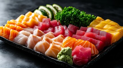 A vibrant platter showcases an assortment of fresh sashimi slices including salmon, tuna, and squid, garnished with wasabi and greens, artfully presented.