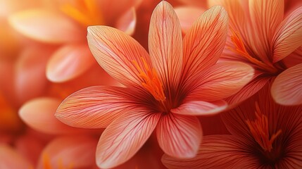 Obraz premium A mesmerizing close-up of coral-colored flowers in bloom, displaying intricate details of the petals with vibrant hues highlighted by natural lighting, creating a serene composition.