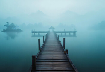 Fototapeta premium Serene Misty Lake with Wooden Pier and Gazebo