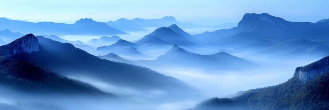 A serene landscape captures the beauty of a mountain range enshrouded in a mystical blue fog, evoking tranquility and awe in a dreamlike, elevated realm. - Powered by Adobe