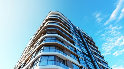 Obraz premium A modern building stands out against a clear blue sky. This 3D image is perfect for ads, presentations, or simply as a stylish wallpaper.