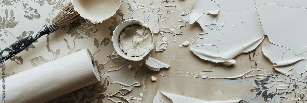 Poster crafting materials are spread across the table, showcasing textures and tools, reflecting a busy and