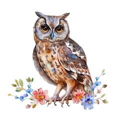 Obraz premium Watercolor Owl with Floral Elements in Vintage Style