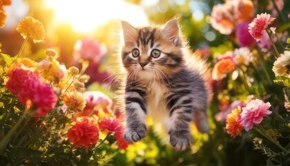 Cute kitten is flying in the air in the home garden among colorful flowers 