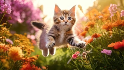Cute kitten is flying in the air in the home garden among colorful flowers 