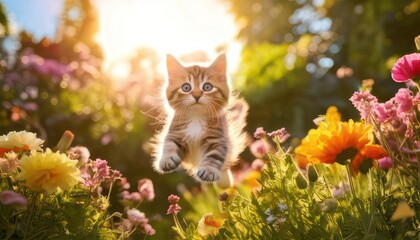 Cute kitten is flying in the air in the home garden among colorful flowers 