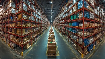 An expansive warehouse scene with towering shelves stocked with boxes and products, illustrating modern logistics, organization and supply chain management.