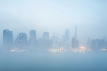 A foggy city skyline with tall buildings