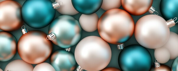 Colorful decorative Christmas ornaments in teal, peach, and white, perfect for festive holiday celebrations.