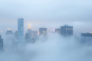 A foggy city skyline with tall buildings