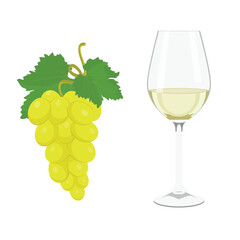 Ripe green grapes and glass of white wine