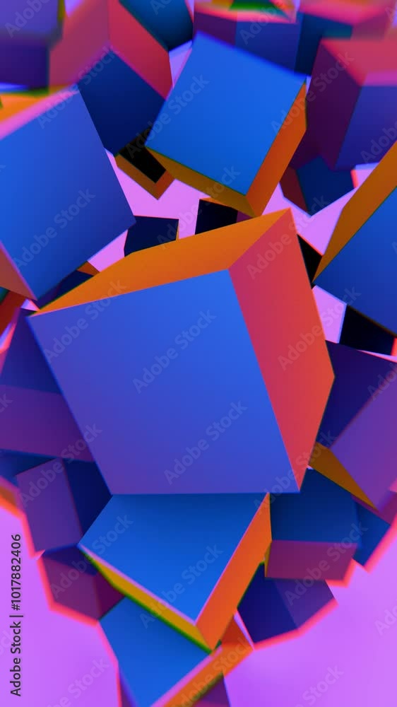Poster abstract floating cubes with vibrant colors on a pink background