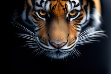 Intense close-up of a tiger's face with piercing eyes and detailed fur, symbolizing power, strength, and the majesty of wildlife.