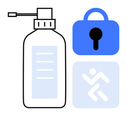 Hand sanitizer bottle with a blue lock and a person running symbol. Ideal for health, security, hygiene, safety, and awareness campaigns. Clear, modern, and simple style