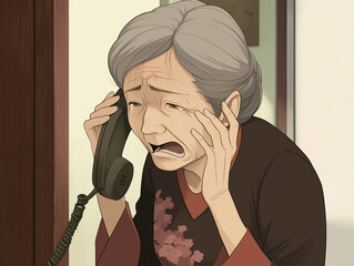 詐欺電話にうろたえる老婆