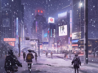 雪が降る都会の風景