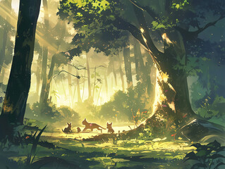 森の中で遊ぶ動物たち