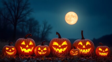 Obraz premium halloween pumpkins under the moonlight