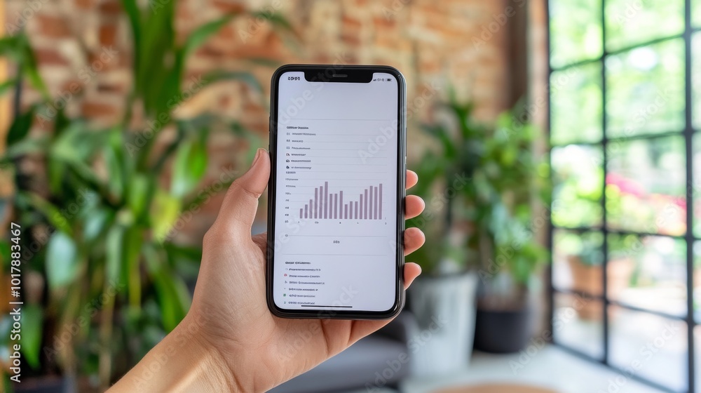 Poster hand holding smartphone showing bar graph data analytics chart