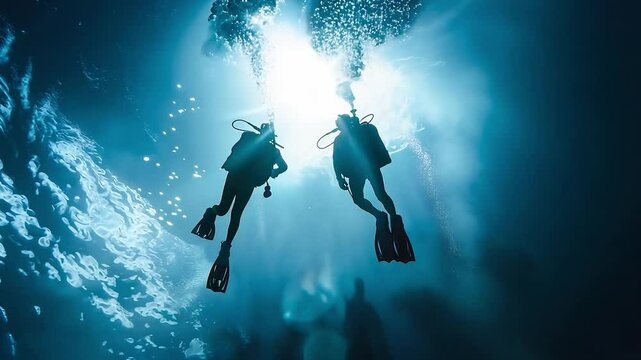 Two people with diving equipment swimming under sea water with bubbles. Scuba diver swimming in the under water sea	