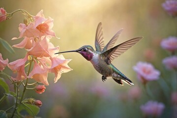 Fototapeta premium Hummingbird at Dawn in a Misty Garden