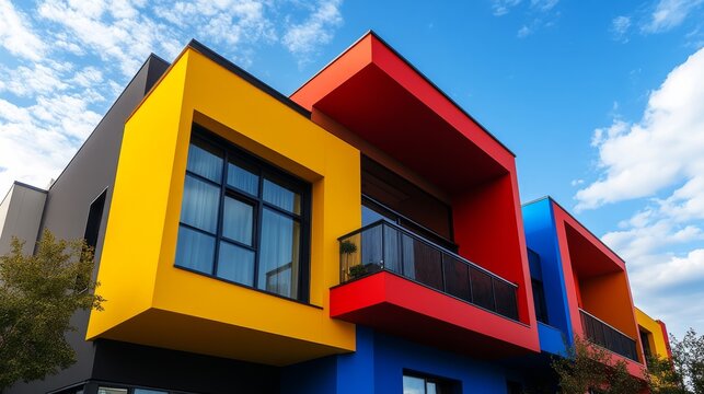 The modern building features a facade with bold geometric color blocks in yellow, red, and blue. Its unique architectural design is striking and innovative. - Powered by Adobe