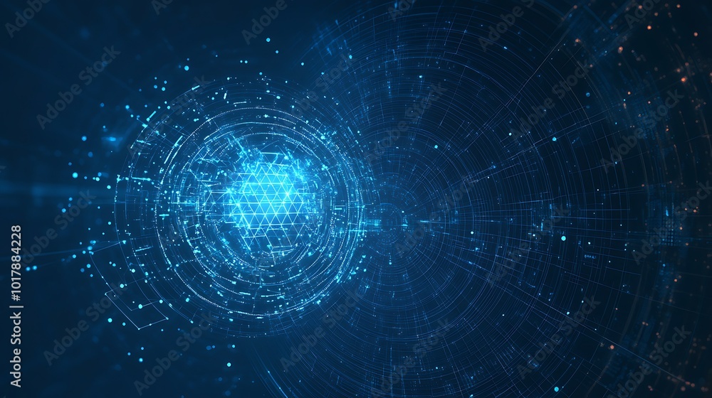 Poster abstract futuristic background with a glowing sphere in the center and geometric patterns radiating 