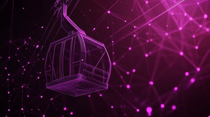 Abstract Wireframe Cable Car Gondola and Network Connection Lines Against a Dark Background