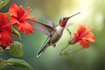 Fototapeta premium Hummingbird Hovering Near a Vibrant Red Flower