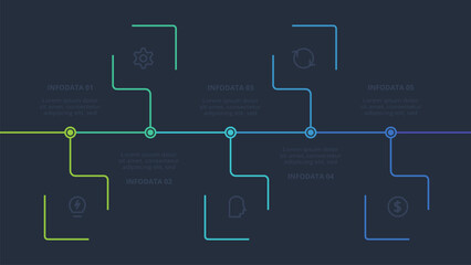 Line concept for infographic with 5 steps, options, parts or processes. Template for web on a black background.