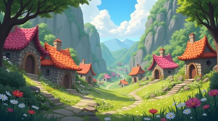 Obraz premium hidden valley with petal covered houses fae folk festivities channeling whimsical anime vibes