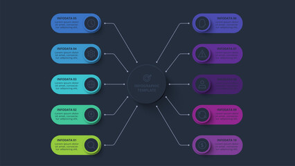 Strategy concept for infographic with 10 steps, options, parts or processes. Template for web on a black background.