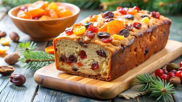 A fruitcake with dried fruits. Close up of a fruitcake.
