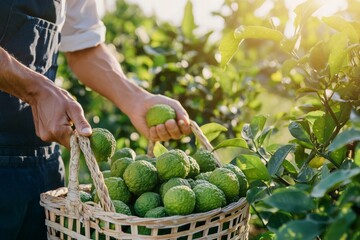 A man picks green bergamot fruits into a wicker basket. Sun rays on the background. Copy space. Concept: Eco-friendly, Seasonality and naturalness, harvesting