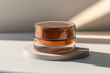 Mockup of cream jar with brown metal lid on white pedestal on white table, sun rays and shadows background. Concept: beauty eco product design, skincare, advertising beauty photo