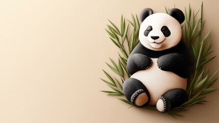 Obraz premium Adorable illustration of a smiling panda lying on its back surrounded by green bamboo leaves on a light beige background.