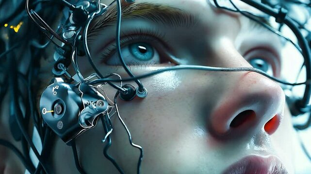 Portrait face of a man futuristic AI cyborg have a lot of cables and wires, A man with cyborgized brain	