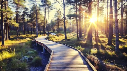 Sun-Drenched Forest Path: A Peaceful Walkway