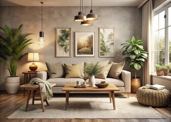 Cozy Living Room with Neutral Decor and Botanical Prints for Relaxation and Comfort