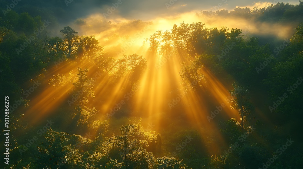 Poster golden sunlight rays break through the clouds and illuminate the forest canopy, creating a magical a