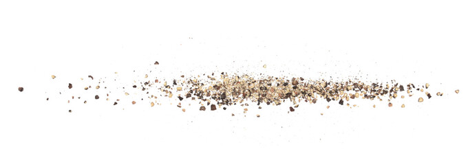 Ground black pepper powder, line isolated on white background, top view	