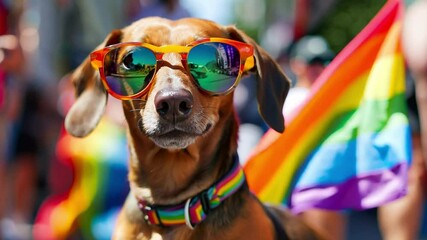 Fashionable dachshund dog in sunglasses at summer pride parade funny animal	