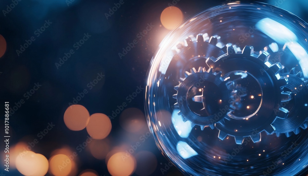 Poster dynamic transparent gears intertwined within a digital globe's sphere