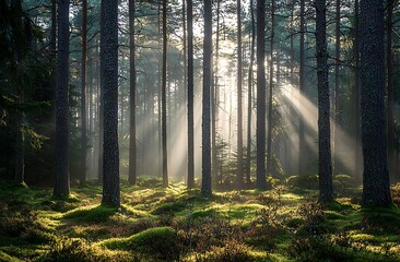 Obraz premium A foggy forest with tall trees and sunlight filtering through the leaves