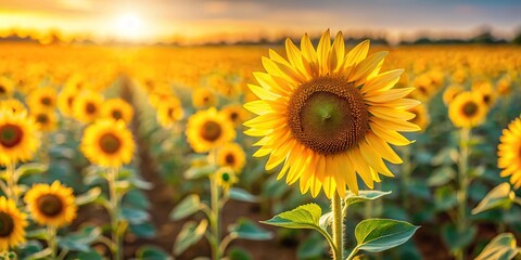 Obraz premium A field of sunflowers with one in focus