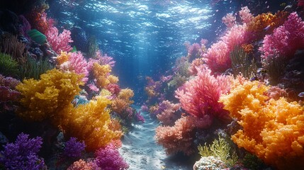 Vibrant underwater scene showcasing colorful coral reefs and marine life.
