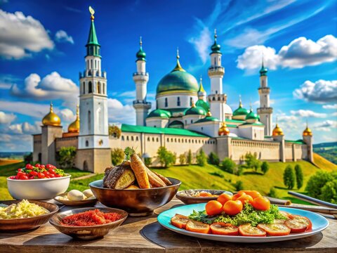 Kazan's Culinary Delights with Zilant Sculpture and Kul Sharif Mosque Backdrop
