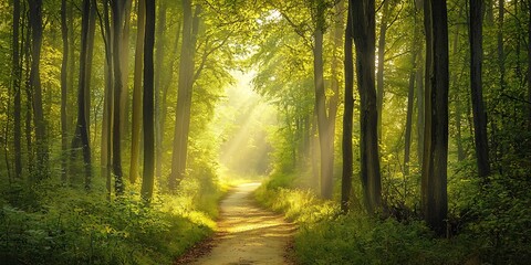A foggy forest with tall trees and sunlight filtering through the leaves