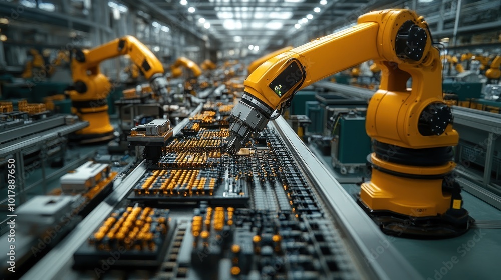 Poster industrial robots assembling electronic components in a factory.